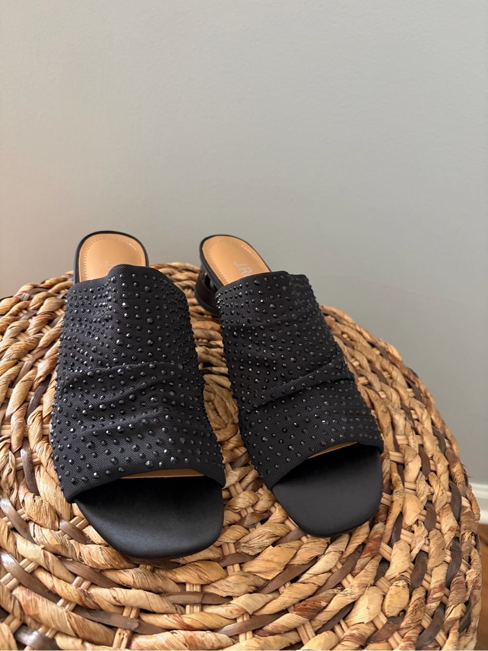 J. Renee Women's Black Fabric Embellished Slide Sandals. 
NWOT
Size 8
1.75” heel